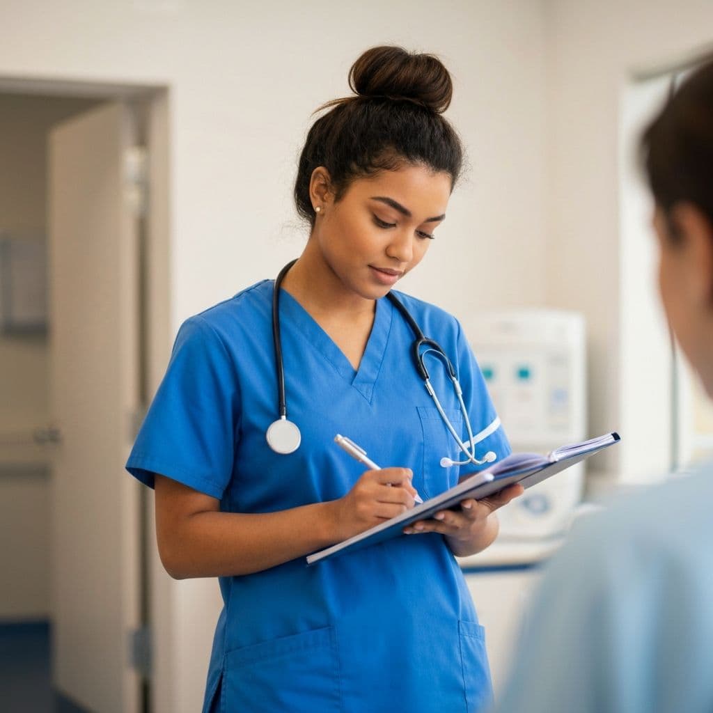 Student nurse writing portfolio notes during placement